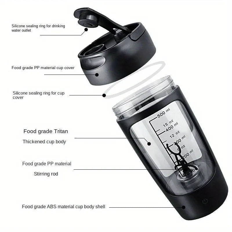 500ML Electric Shaker Bottle USB C Rechargeable Automatic Mixer Black-1